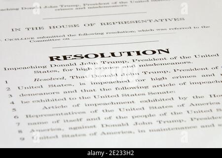 Washington, D.C. / USA - Jan. 11, 2021: A House of Representatives draft resolution for impeaching President Donald John Trump is shown up close. Stock Photo