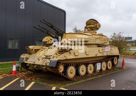 ZSU-23-4 'Shilka' is a lightly armored Soviet self-propelled, radar guided anti-aircraft weapon system (SPAAG), Army Flying Museum, Hampshire, UK Stock Photo