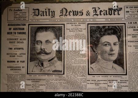 Daily News & Leader headline (29th June 1914) following murder of Archduke Ferdinand in Sarajevo, on display at the Army Flying Museum, Hampshire, UK. Stock Photo
