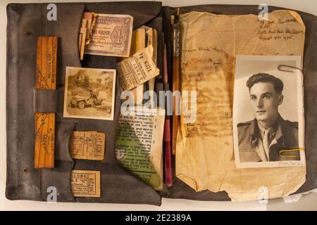 Letter book and sewing kit belonging to Gunner J Stevens RA, on display at the Army Flying Museum, Stockbridge, Hampshire, UK. Stock Photo