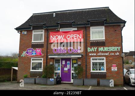 Old Amersham, Buckinghamshire, UK. 11th January, 2021. The Ollie Owl Day Nursery is currently open. There are calls for nurseries to be temporarily closed during the latest Covid-19 lockdown so as to help stop the alarming spread of Covid-19. Credit: Maureen McLean/Alamy Stock Photo