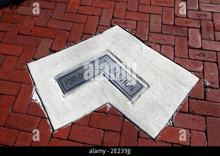 Detail of plaque in Washington Street marking position of Fort Cumberland bastion, Cumberland, Maryland MD, USA Stock Photo