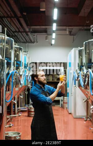 Young bearded brewer in workwear looking at glass of beer in his hand after preparation while standing in aisle between huge steel tanks Stock Photo