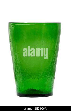 Vertical shot of an empty green designer glass vase isolated on white. Stock Photo