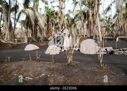 Wreckage of a Japanese World War II fighter airplane buried in ash from the 1994 eruption of  Tavurvur. Rabaul, Papua New Guinea, Stock Photo