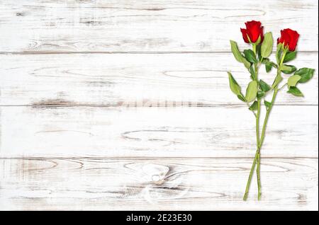 Red roses on white wooden background. Valentines Day template Stock Photo