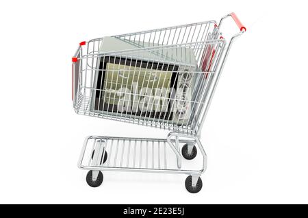 Convection toaster oven inside shopping cart, 3D rendering isolated on white background Stock Photo