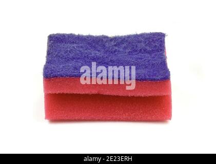 Dishwashing sponge isolate on  white background. Pink soapy sponge on white background. Stock Photo
