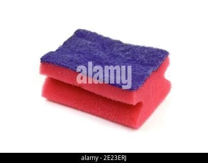 Dishwashing sponge isolate on  white background. Pink soapy sponge on white background. Stock Photo
