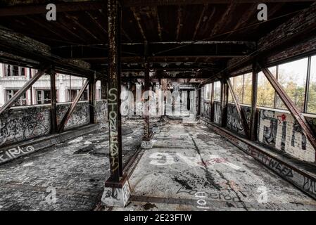 Abandoned factory causeway of the Packard Plant in Detroit, Michigan USA Stock Photo