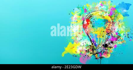Big stylized light bulb on cyan background drawn with splashes of colored paint. Concept of innovation and creativity Stock Photo