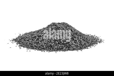 Gunpowder for a military or hunting rifle. Pile gunpowder, black powder isolated on white background. Stock Photo