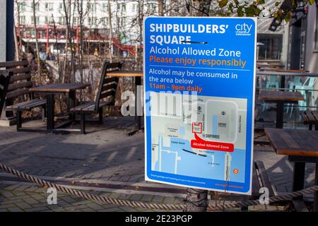 North Vancouver, British-Columbia / Canada - 12/14/2020: In Lower Lonsdale the Shipbuilder's Square, an area is  converted into a alcohol allowed zone Stock Photo