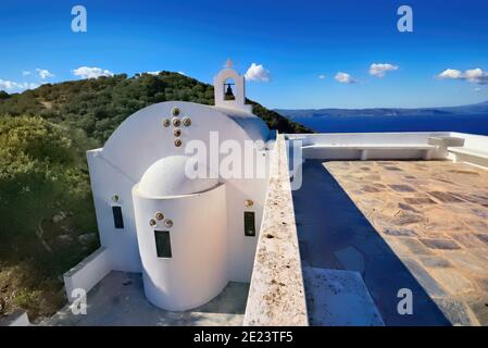 traditional white island church, located on the island of Skiathos in Greece. Saint Alexander. Stock Photo