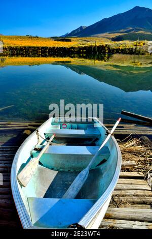 A row boat for rent on the boat launch on Talbot lake in Jasper National Park Alberta Canada Stock Photo