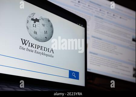 Stuttgart, Germany. 11th Jan, 2021. The start page with the logo of the German-language Internet encyclopedia Wikipedia is displayed on a laptop. The main page can be seen in the background. The project was founded on 15 January 2001. Credit: Sebastian Gollnow/dpa/Alamy Live News Stock Photo
