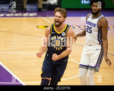Sacramento, CA, USA. 11th Jan, 2021. Indiana Pacers forward Domantas Sabonis (11) reacts after missing ball during a game at the Golden 1 Center on Monday, Jan 11, 2021 in Sacramento. Credit: Paul Kitagaki Jr./ZUMA Wire/Alamy Live News Stock Photo