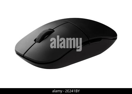 Wireless black computer mouse isolated on white background. Office wireless optical USB mouse Stock Photo