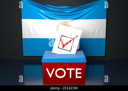 3d illustration of a ballot box or ballot box, into which a ballot bill falls from above, with the  national flag of Argentina  in the background. Vot Stock Photo