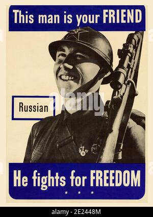 American a propaganda poster calling for support for America's allies.  Russians. This man is your Friend. USA. 1942 Stock Photo