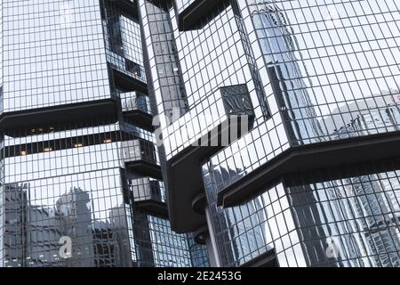 Hong Kong - July 11, 2017: Modern architecture, fragment of Lippo Centre towers previously known as the Bond Centre is a twin-tower skyscraper complex Stock Photo