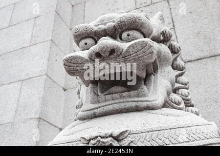 Head of a traditional white stone Chinese lion statue at the entrance to Buddhist temple in Hong Kong city Stock Photo