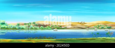 Nile river in Egypt with palm trees and ancient village on a sunny summer  day. Digital painting, illustration Stock Photo - Alamy