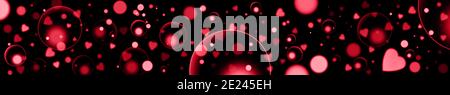 valentine's day banner abstract holiday background with red blurred bokeh on black background panoramic view with red and pink hearts and circles Stock Photo