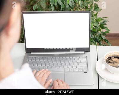 woman hands working with blank screen laptop computer mock up. Hands at work with Digital Technology.Working on desk environment.Planing and Working w Stock Photo
