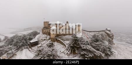 Aerial view about the castle of boldogko in Zemplen mountain Hungary. Hungarian historical castle in winter time with snow. Famoust tourist destinatio Stock Photo