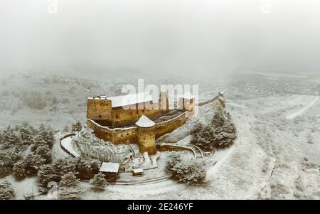 Aerial view about the castle of boldogko in Zemplen mountain Hungary. Hungarian historical castle in winter time with snow. Famoust tourist destinatio Stock Photo