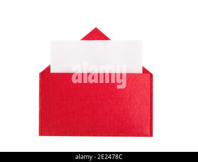 Red open envelope with a sheet of paper with mock-up on a isolated background with copyspace. Valentines day holidays concept and love notes Stock Photo