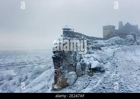 Aerial view about the castle of boldogko in Zemplen mountain Hungary. Hungarian historical castle in winter time with snow. Famoust tourist destinatio Stock Photo