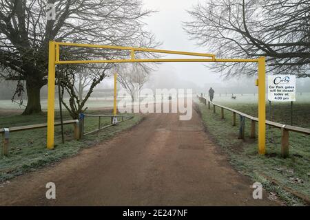 A man and his dog at East Carlton Country Park, Corby, Nhants, England, on a foggy january day during the 2021 lockdown. Stock Photo