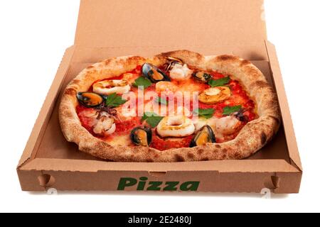 Seafood pizza take away isolated on white Stock Photo