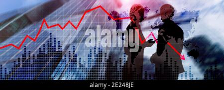 Chart with red down arrow on abstract background. Falling growth in business Stock Photo