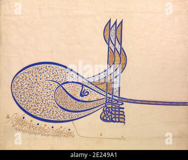 Turkey: Turkish (Osmanli) script. Tughra of Suleiman the Magnificent (r.1520-66). A tughra (Ottoman Turkish: طغراء; Ṭuğrā) is a calligraphic monogram, seal or signature of an Ottoman sultan that was affixed to all official documents and correspondence. It was also carved on his seal and stamped on the coins minted during his reign. Stock Photo