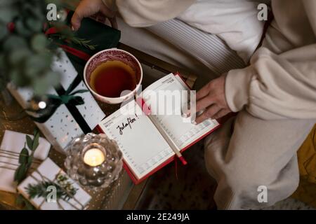 Womans hands holding diary Stock Photo