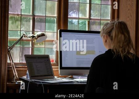 Woman using desktop computer at home Stock Photo