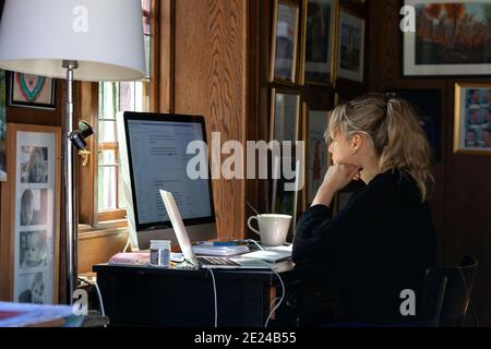 Woman using desktop computer at home Stock Photo