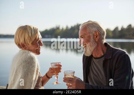 Smiling couple having wine Stock Photo
