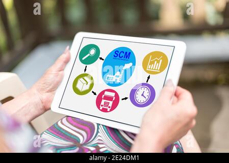 Scm concept shown on a tablet held by a woman Stock Photo