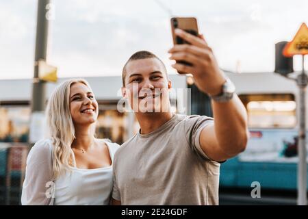 Young friends taking selfie Stock Photo