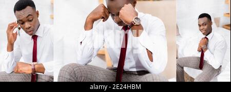 Collage of smiling and sad african american businessman wearing tie and talking on smartphone on bed, banner Stock Photo