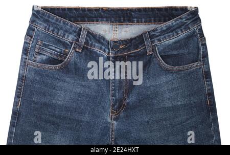 Front pockets, waist area, zipper, and its button of dark blue jeans isolated on white background. Close up shot. Clothing concept. Stock Photo