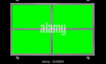 Opening window . Shiny metal frame . Green screen panels instead of glass. . 3d rendering .  Isolated on solid black background . Stock Photo