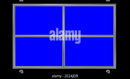 Opening window . Shiny metal frame . Blue screen panels instead of glass. . 3d rendering . Isolated on solid black background . Stock Photo