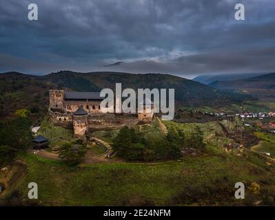 Boldogko, Hungary - Aerial panoramic view of Boldogko Castle (Boldogko vara/Boldogkovaralja) at autumn season with Zemplen Mountains at the background Stock Photo