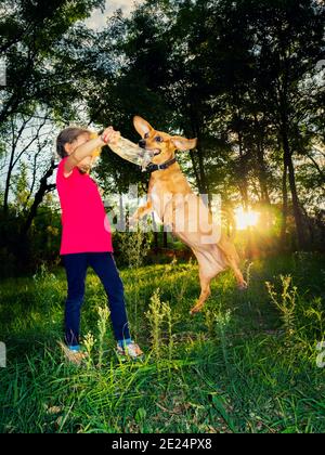 Girl playing with her dog in the park, Italy Stock Photo