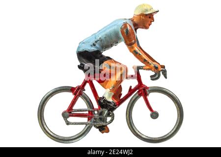 Vintage miniature sport cyclist isolated on a white background Stock Photo